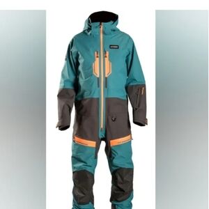 Striking Teal and Gray Jumpsuit with Orange Accents